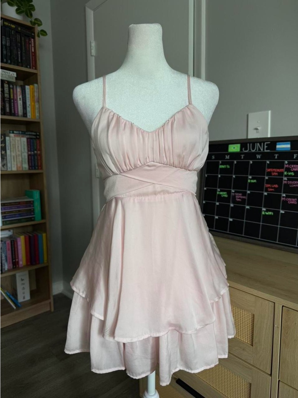 francesca's baby pink layered romper dress with bow tie in the back